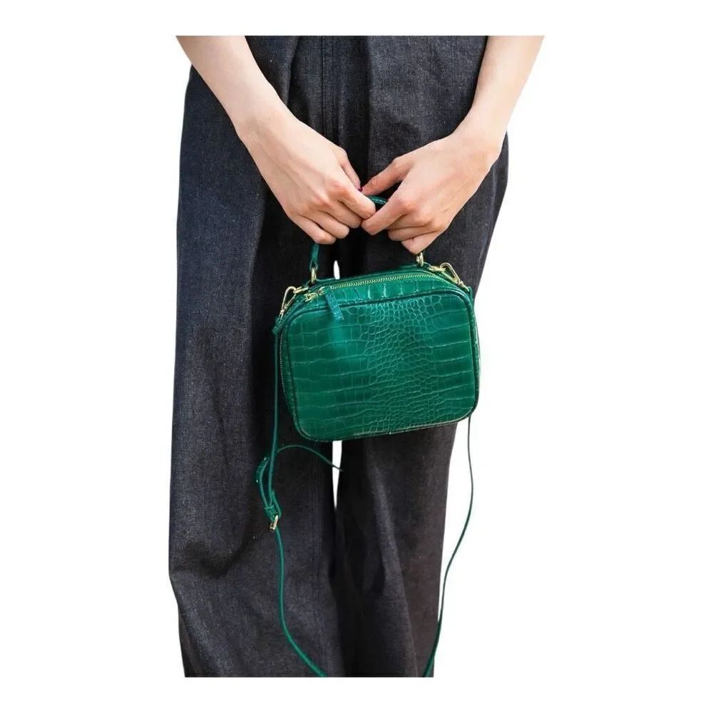 ZARA Basic Green Croc Embossed Faux Leather Top Handle Crossbody Zip Bag
